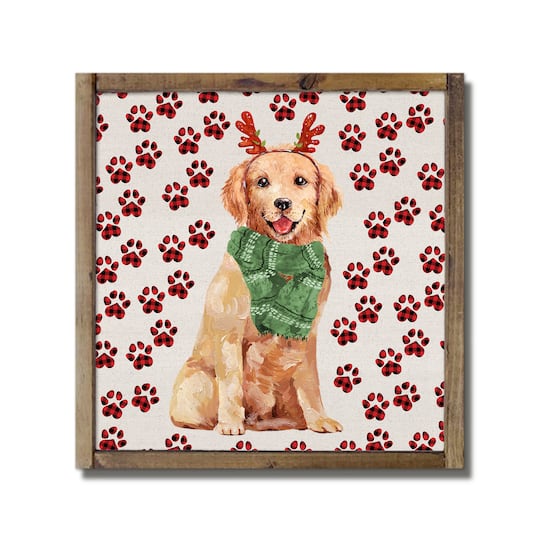 Golden Puppy Plaid Framed Wood Plaque